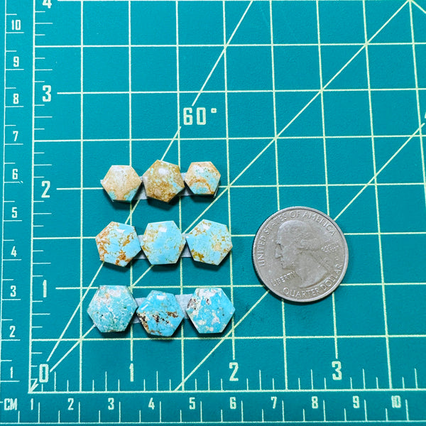 Small Mixed Hexagon Number 8 Turquoise, Set of 9 Dimensions