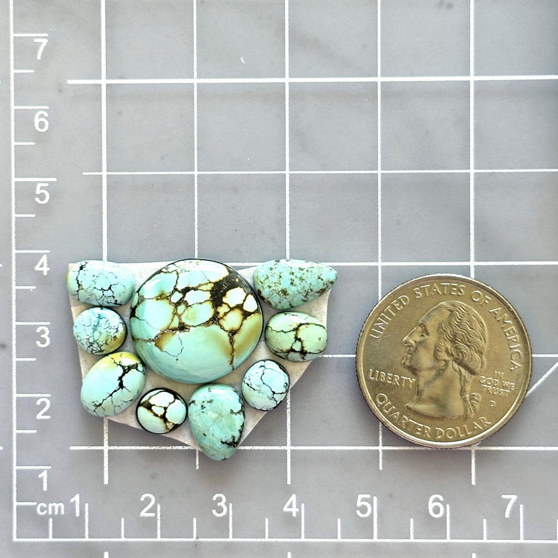 Small Faint Blue Mixed Treasure Mountain Turquoise, Set of 9 Dimensions