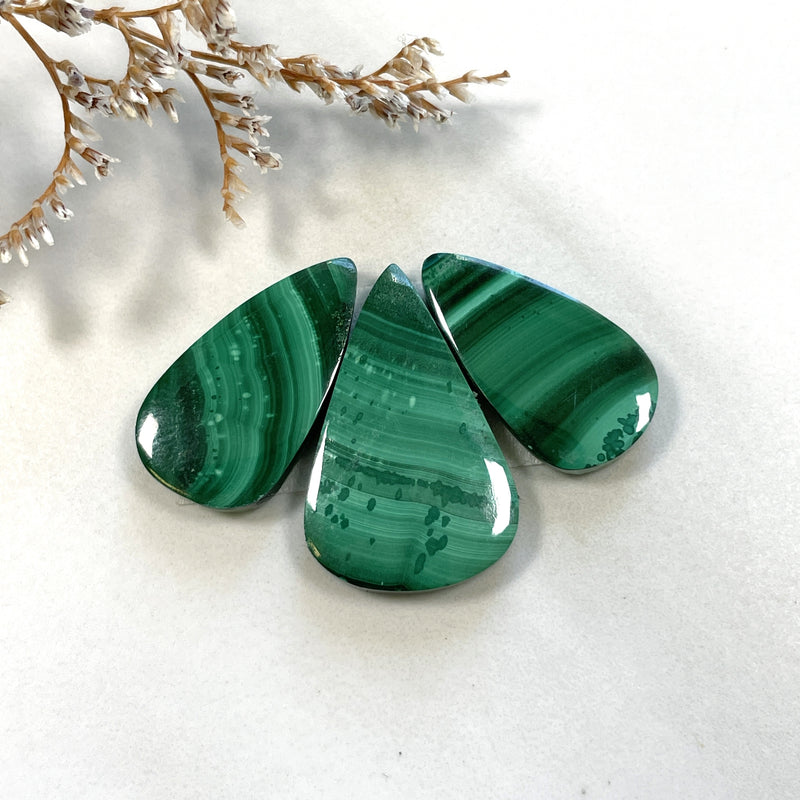 Medium Deep Green Teardrop Malachite Copper Mineral, Set of 3 Background