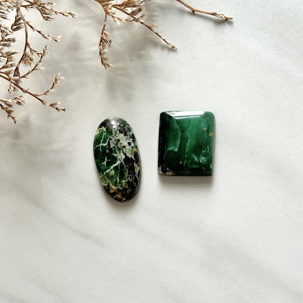 Large Deep Green Mixed Crescent Lake Variscite, Set of 2 Background
