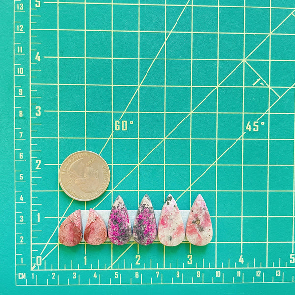 Medium Pink Teardrop Cobaltoan Calcite, Set of 6 Dimensions