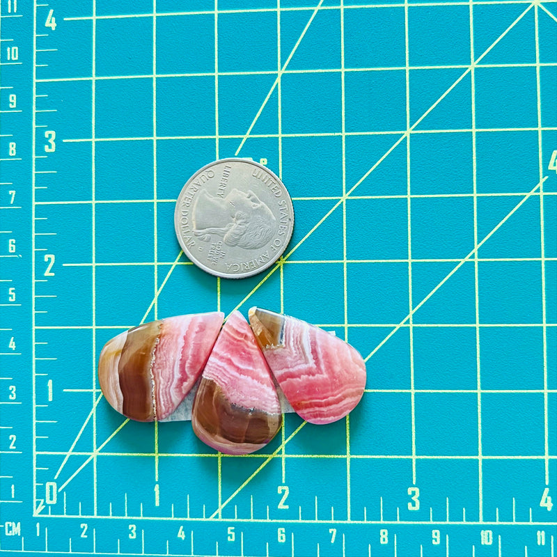 Large Pink Teardrop Rhodochrosite, Set of 3 Dimensions